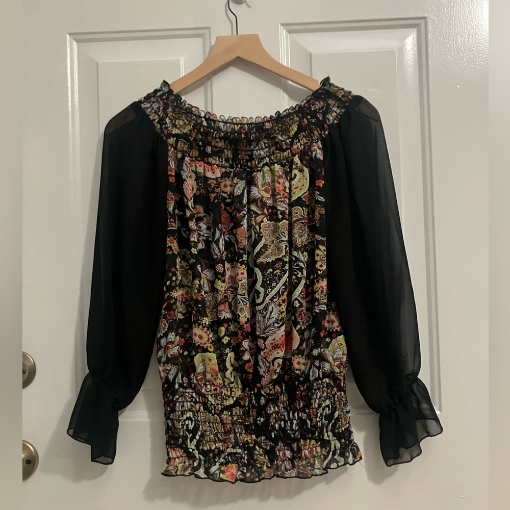 Unyx- black floral, off-the-shoulder top ,sheer sleeves smocked waist